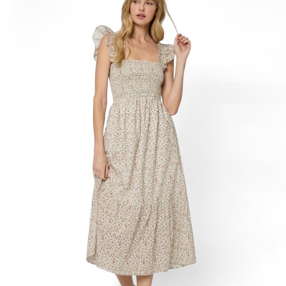 The Standard Stich The Flounce Smocked Midi Dress in Ivory Floral USA Size 2X